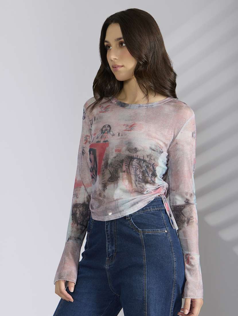 women printed long sleeve sheer ruched top - 22038294 -  Standard Image - 2