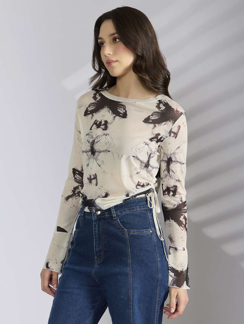 women printed long sleeve sheer ruched top - 22038295 -  Standard Image - 2