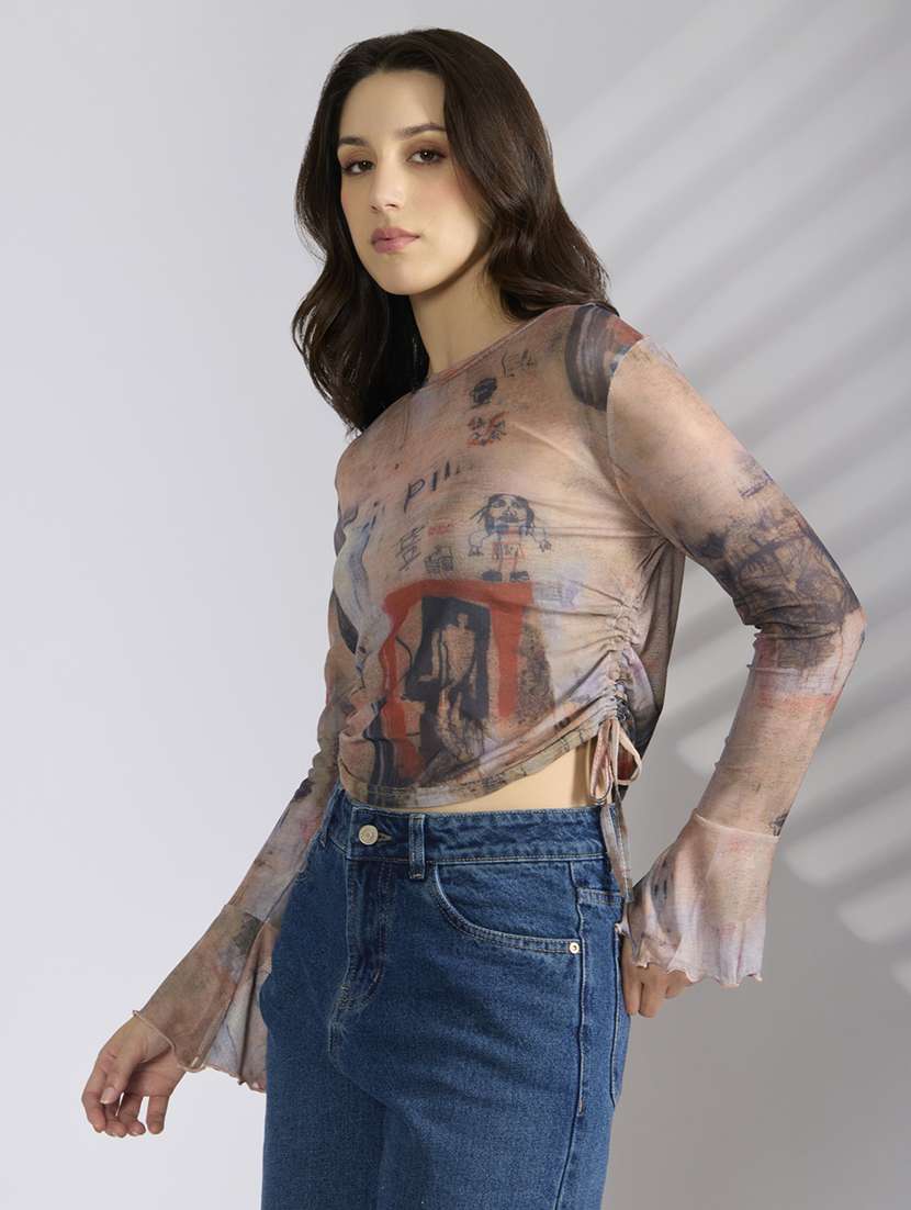 women printed long sleeve sheer ruched top - 22038296 -  Standard Image - 2