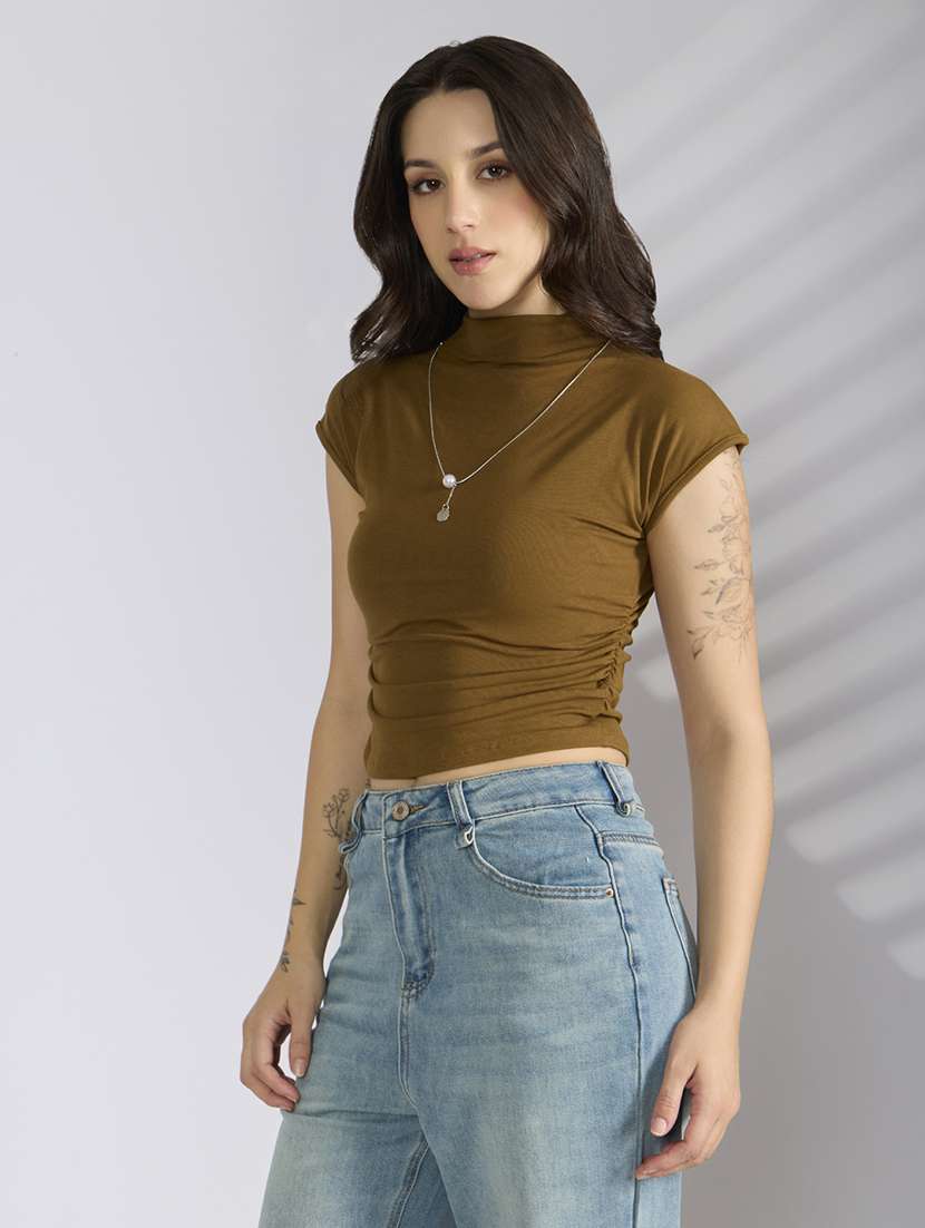 women olive solid short sleeve crop top - 22038307 -  Standard Image - 2