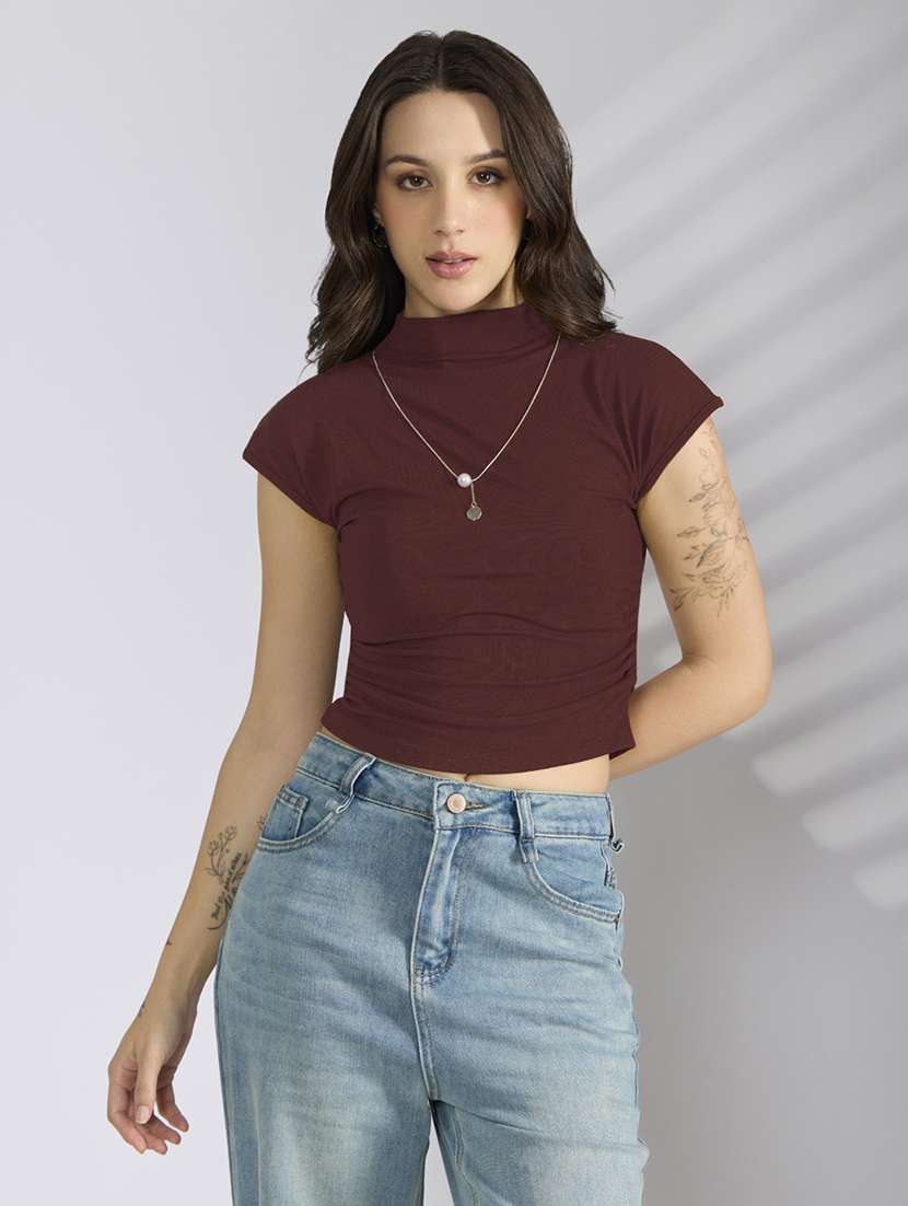 women solid short sleeve crop top - 22038308 -  Standard Image - 2