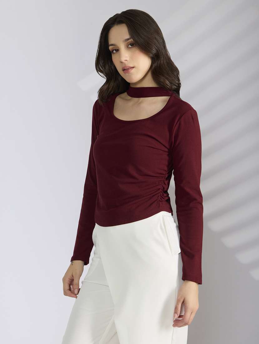 women solid marron long sleeve regular top - 22038309 -  Standard Image - 2