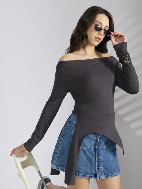 women solid off shoulder asymmetric top - 22038314 - Standard Image - 0
