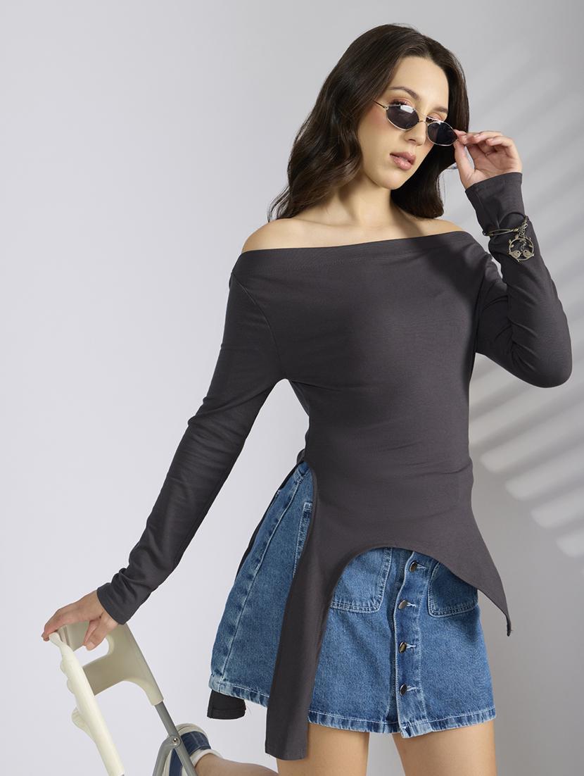 women solid off shoulder asymmetric top - 22038314 - Zoom Image - 0
