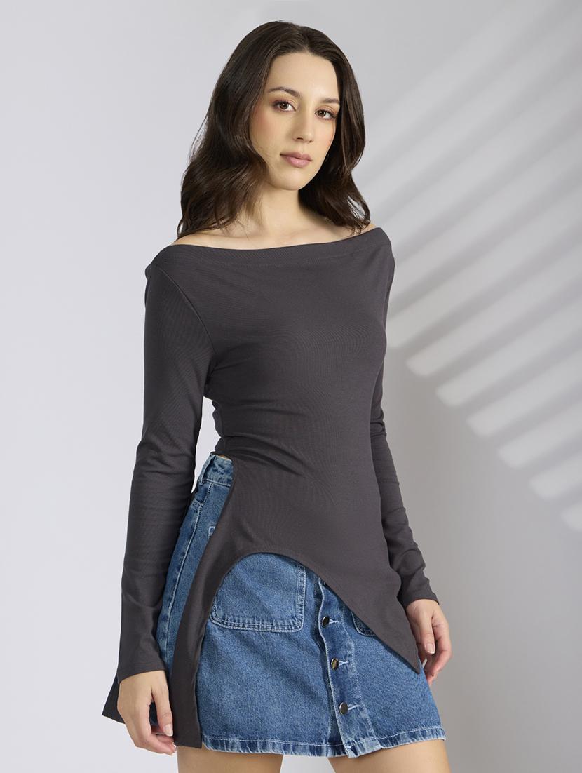 women solid off shoulder asymmetric top - 22038314 - Standard Image - 2