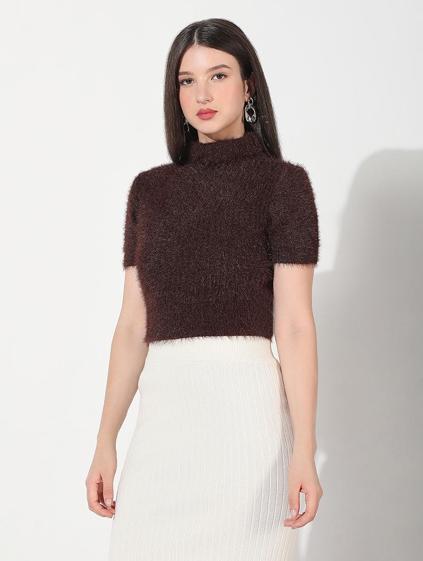 women brown solid high neck short sleeve crop top - 22038321 - Standard Image - 2