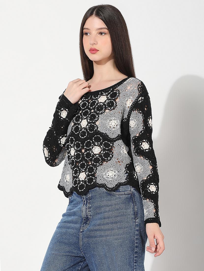 women self designed long sleeve crochet top - 22038323 - Standard Image - 2