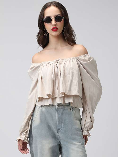 women solid off shoulder long sleeve layered top - 22038327 -  Standard Image - 0