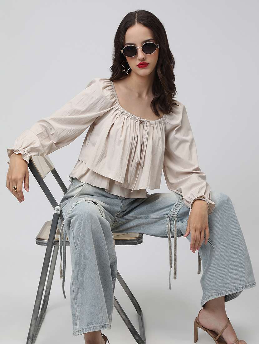 women solid off shoulder long sleeve layered top - 22038327 - Standard Image - 2