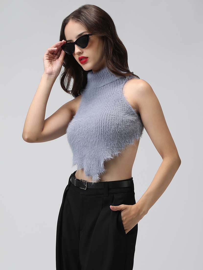 women solid high neck sleeveless backless top - 22038328 -  Standard Image - 2