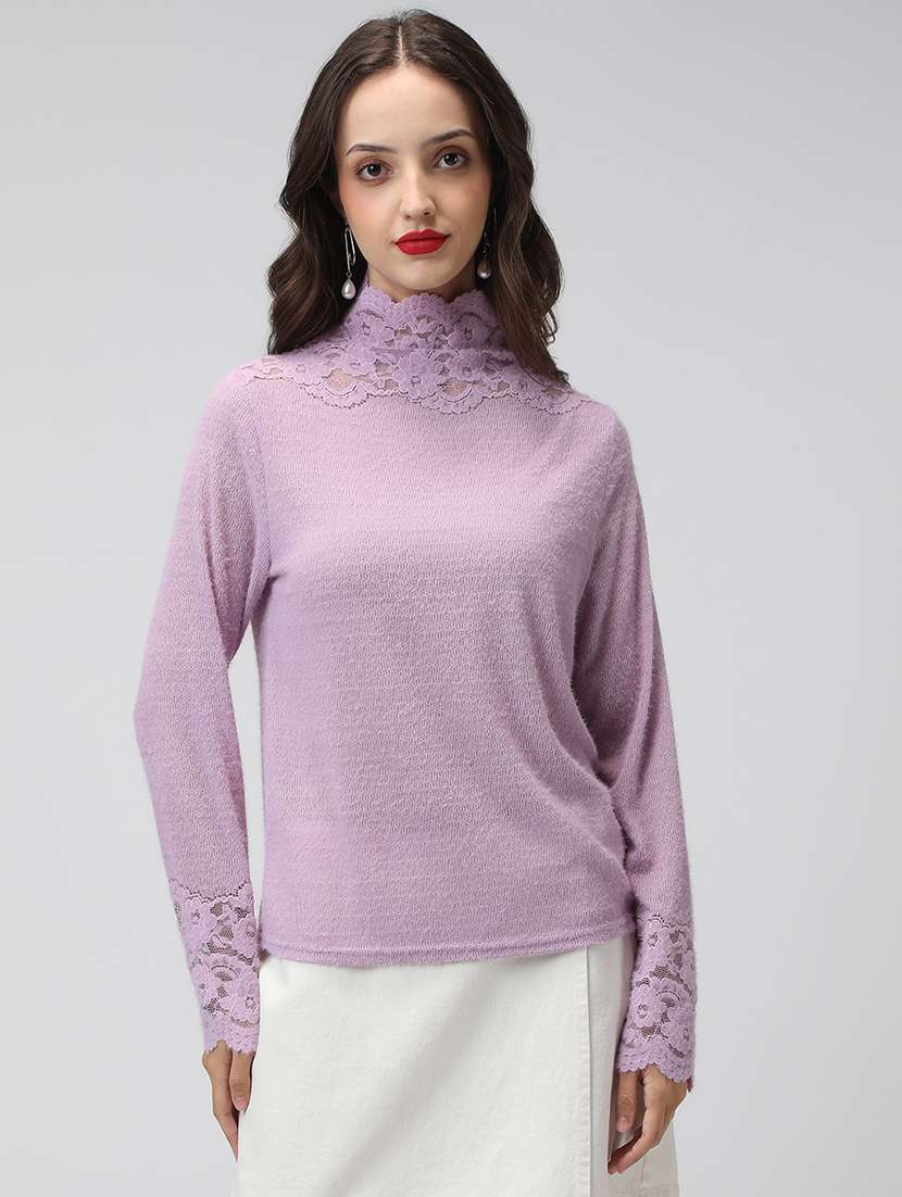 women solid mock neck long sleeve pullover - 22038330 -  Standard Image - 2