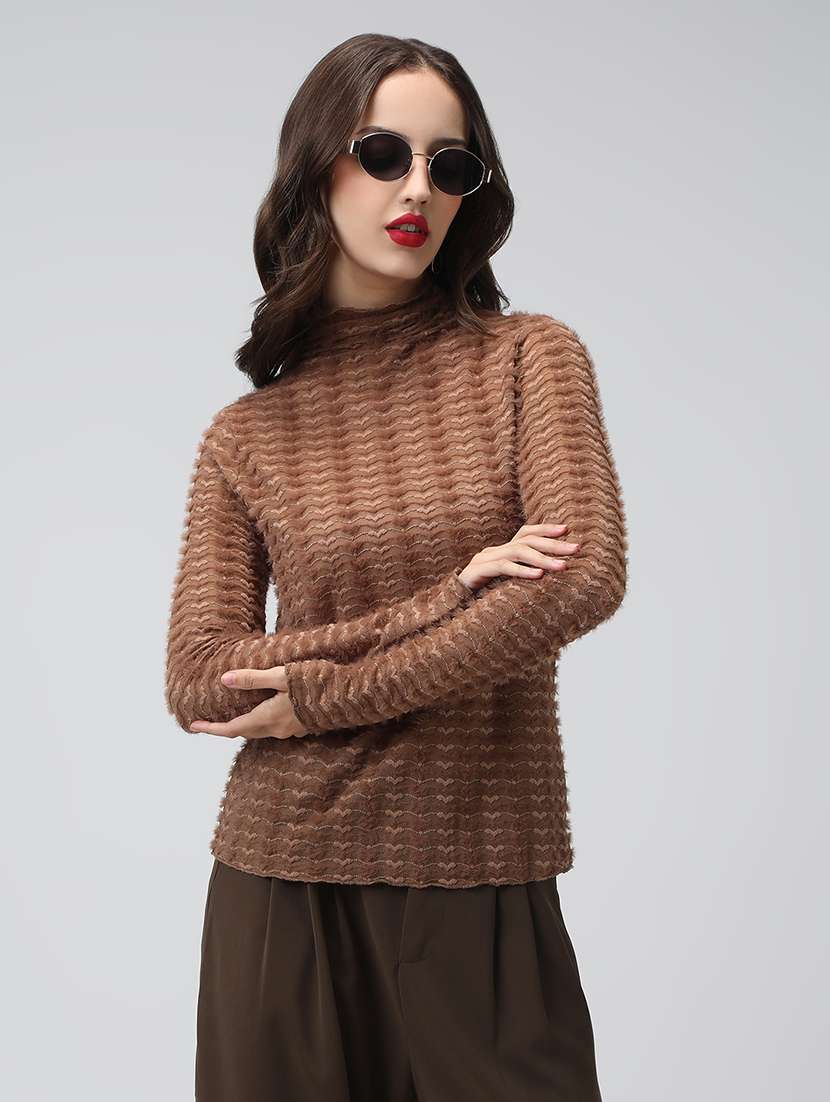 women brown self designed long sleeve top