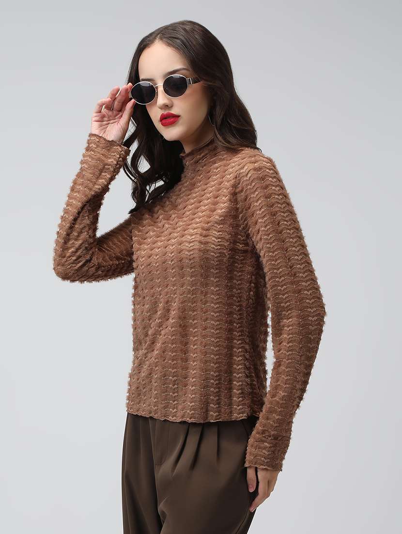 women brown self designed long sleeve top - 22038334 -  Standard Image - 2