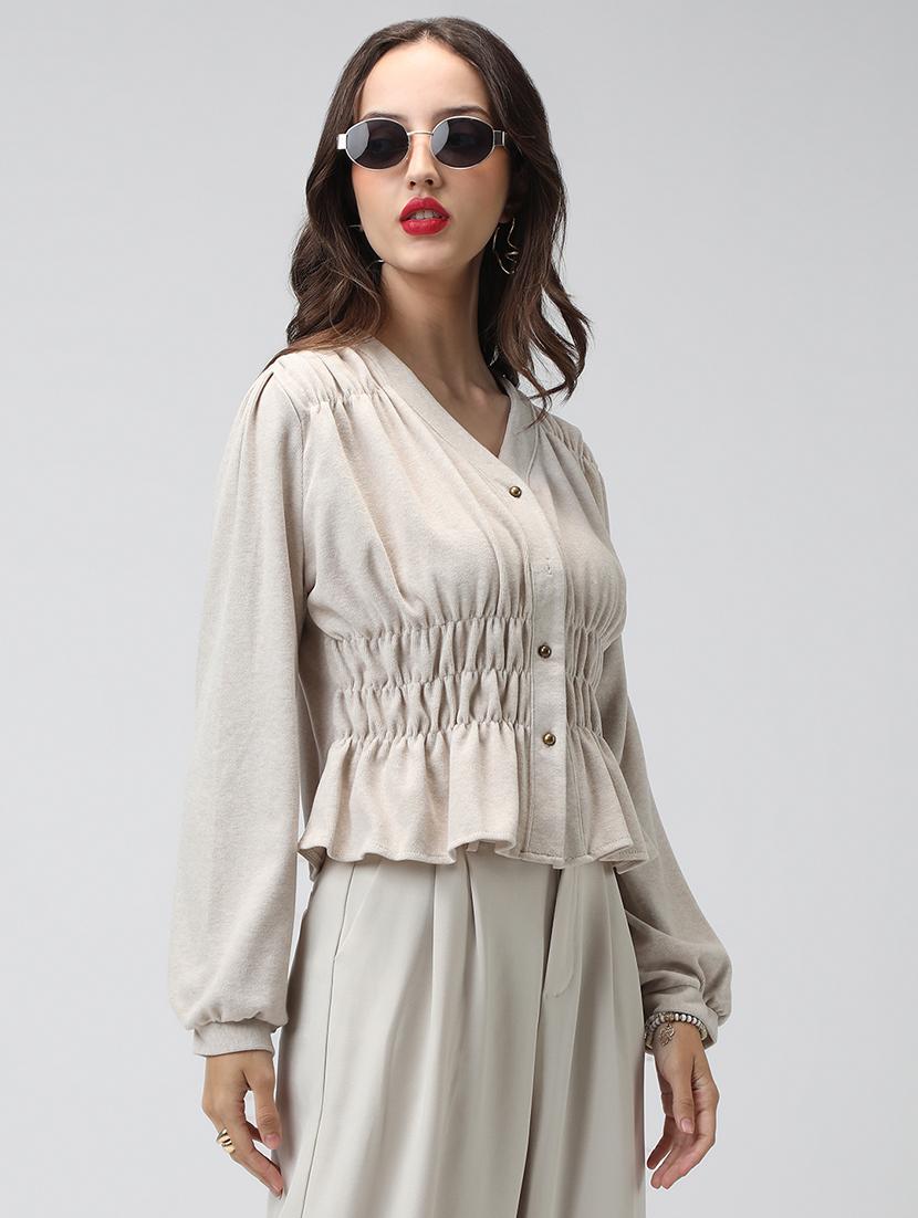 women grey solid long sleeve crop top - 22038336 - Standard Image - 2
