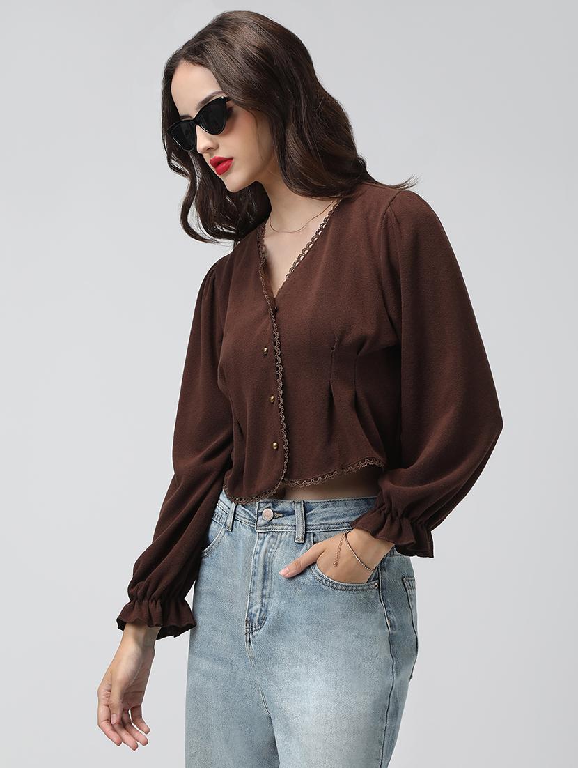 women brown solid long sleeve crop top - 22038338 - Standard Image - 2