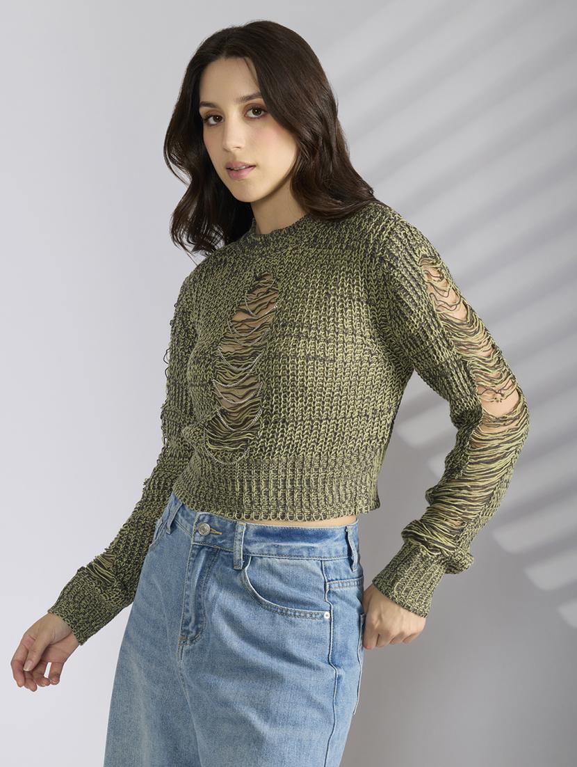 women solid distressed long sleeve pullover - 22038344 - Standard Image - 2