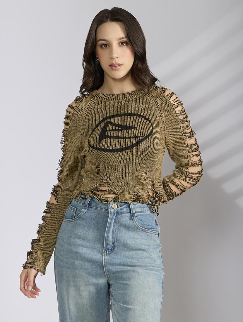 women printed distressed long sleeve pullover