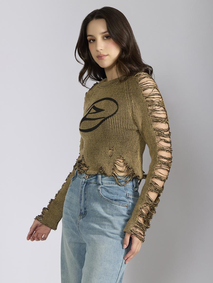 women printed distressed long sleeve pullover - 22038345 - Standard Image - 2