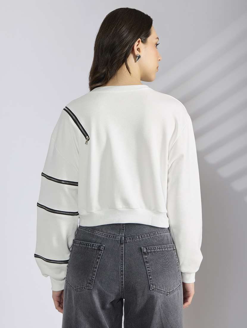 Women White Solid Long Sleeve Pullover