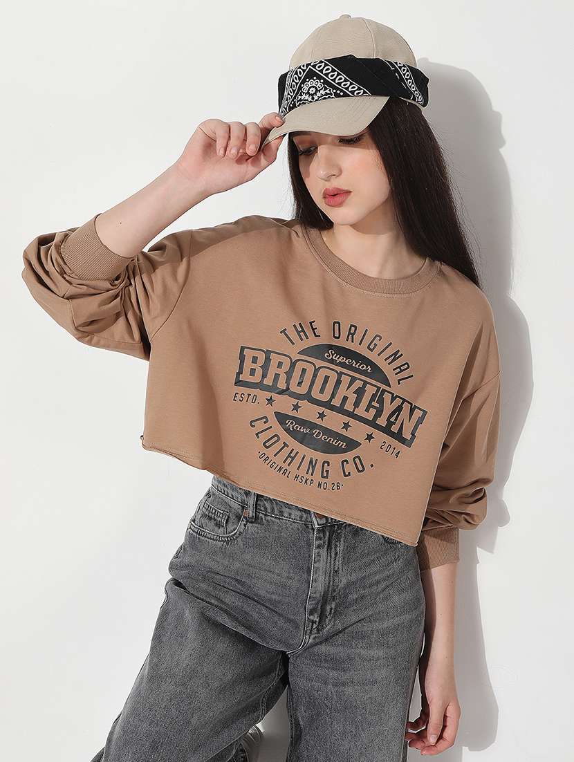 women printed long sleeve cropped pullover