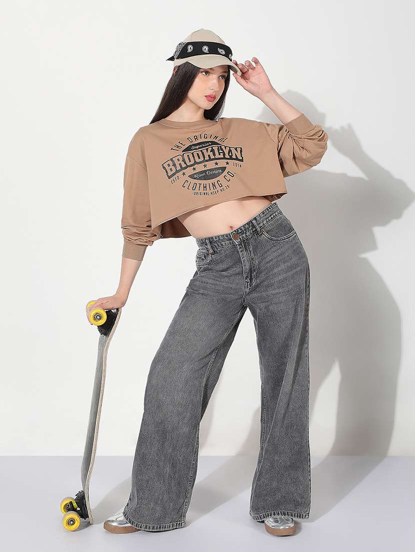 Women Printed Long Sleeve Cropped Pullover