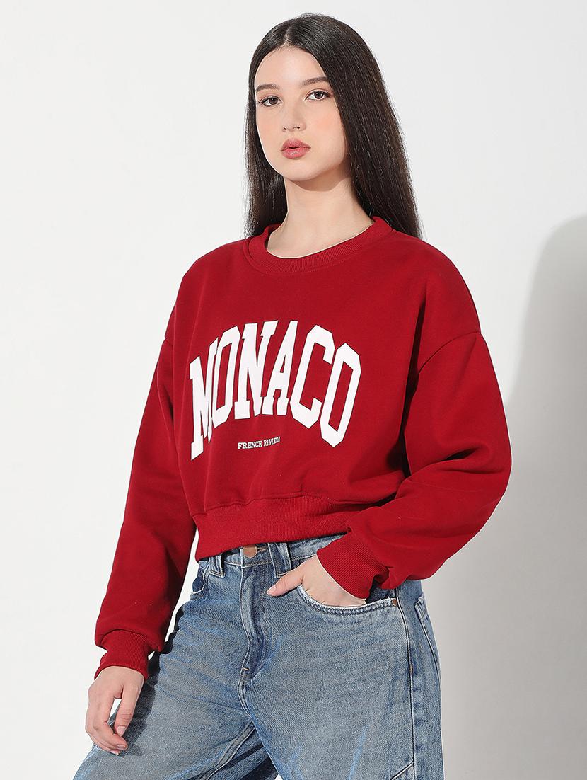 women printed long sleeve cropped pullover - 22038350 - Standard Image - 2