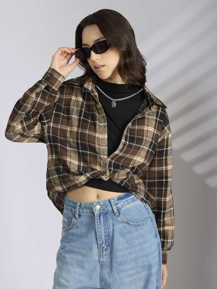 women checkered collared shirt top with slip