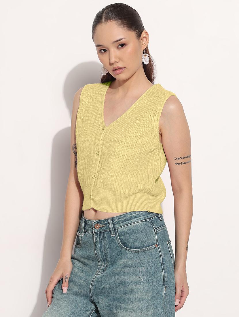 women yellow solid sleeveless crop top - 22038353 - Standard Image - 2