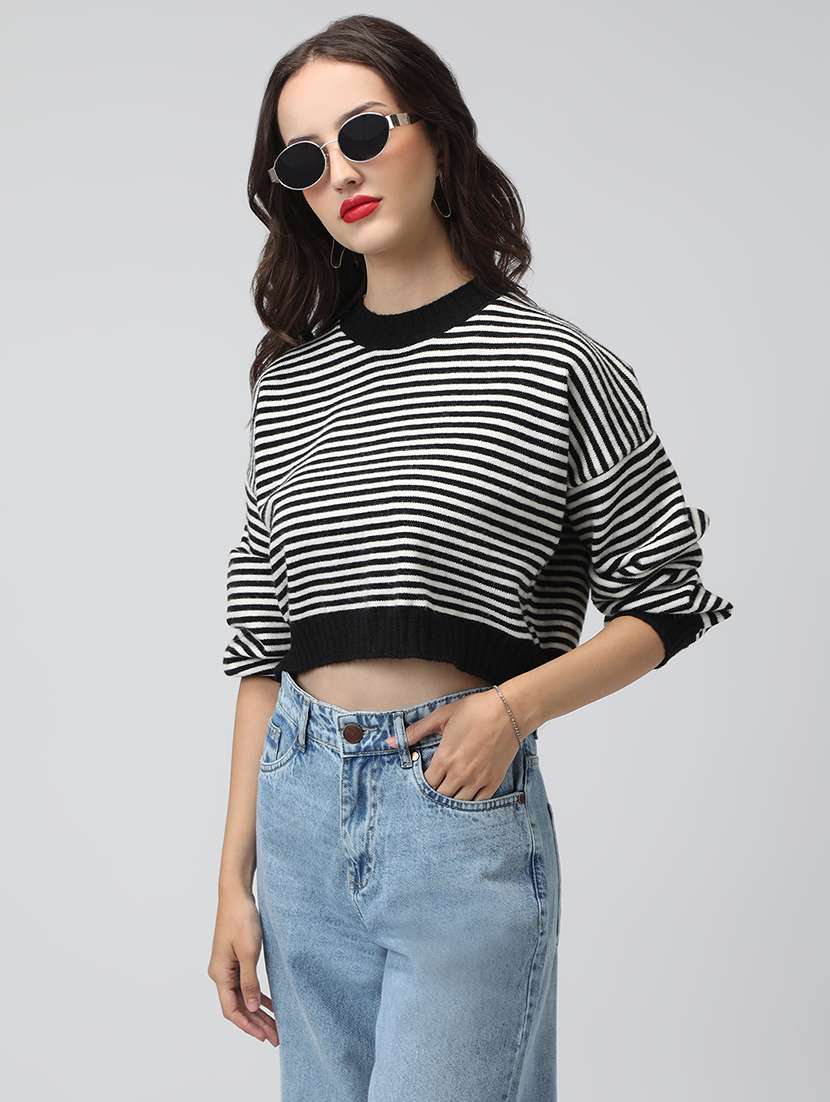 women striped long sleeve cropped pullover - 22038355 - Standard Image - 2