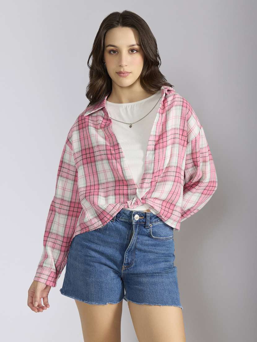 women checkered collared shirt top with slip - 22038356 -  Standard Image - 2