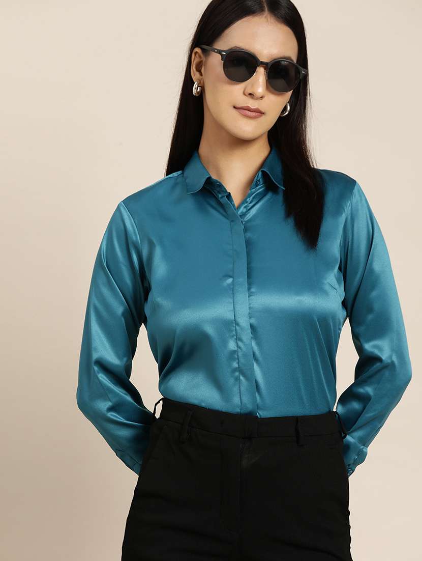 women solid collared long sleeve regular fit shirt