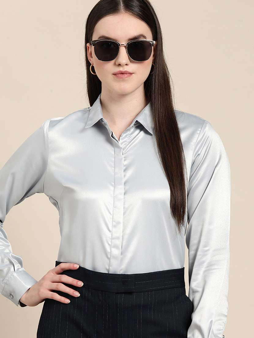 women solid collared long sleeve shirt