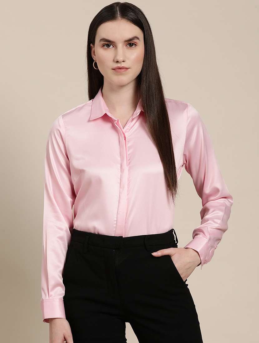 women solid collared long sleeve shirt