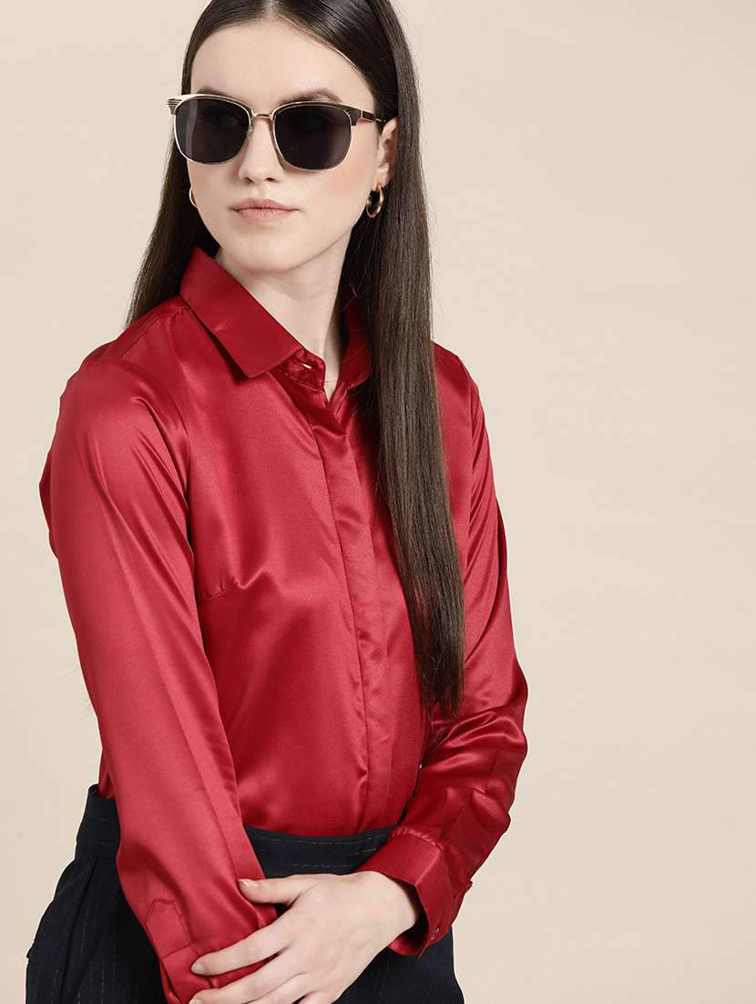 women solid collared long sleeve shirt