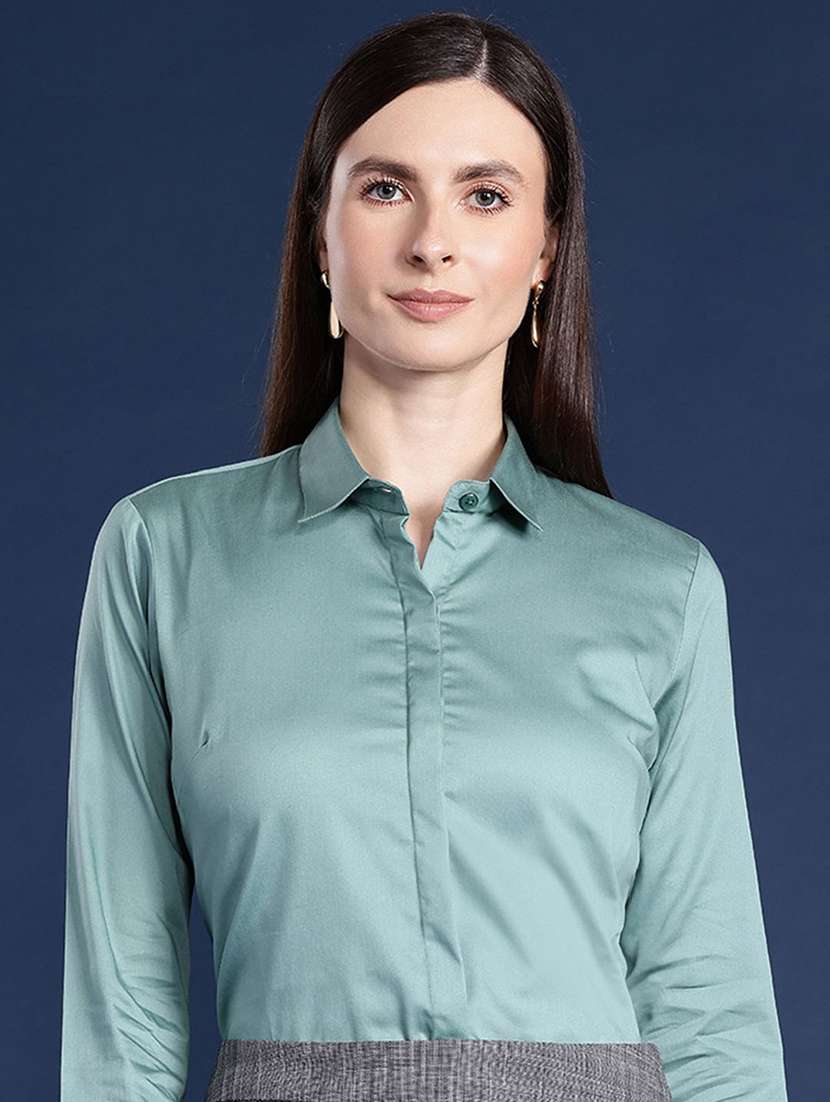 women solid collared long sleeve shirt