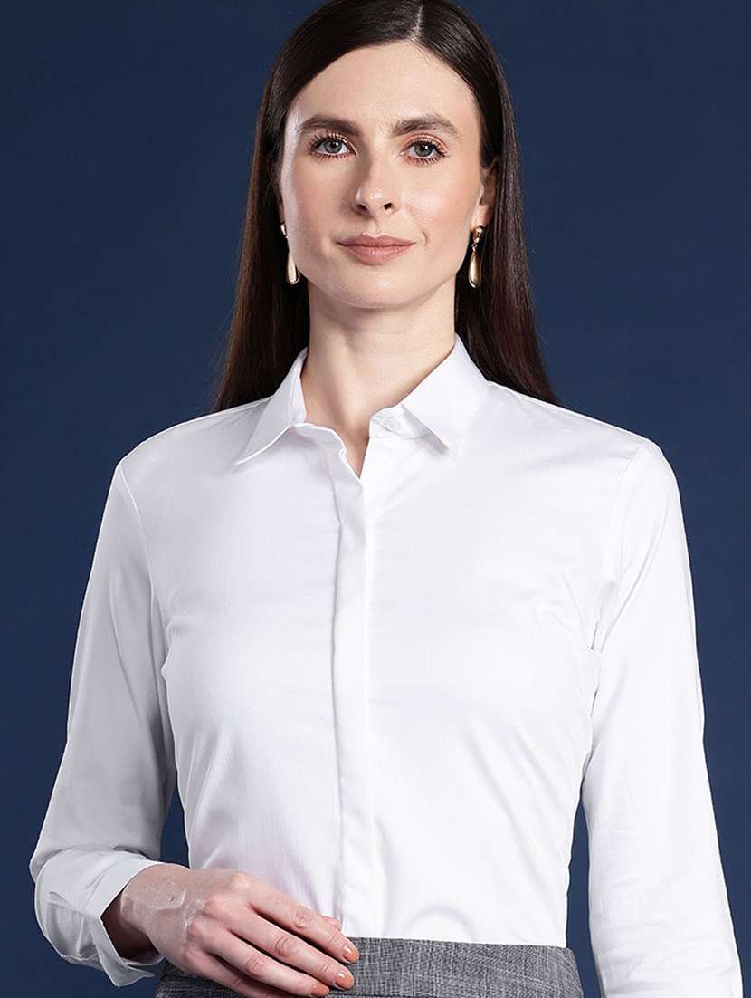 women solid collared long sleeve regular fit shirt
