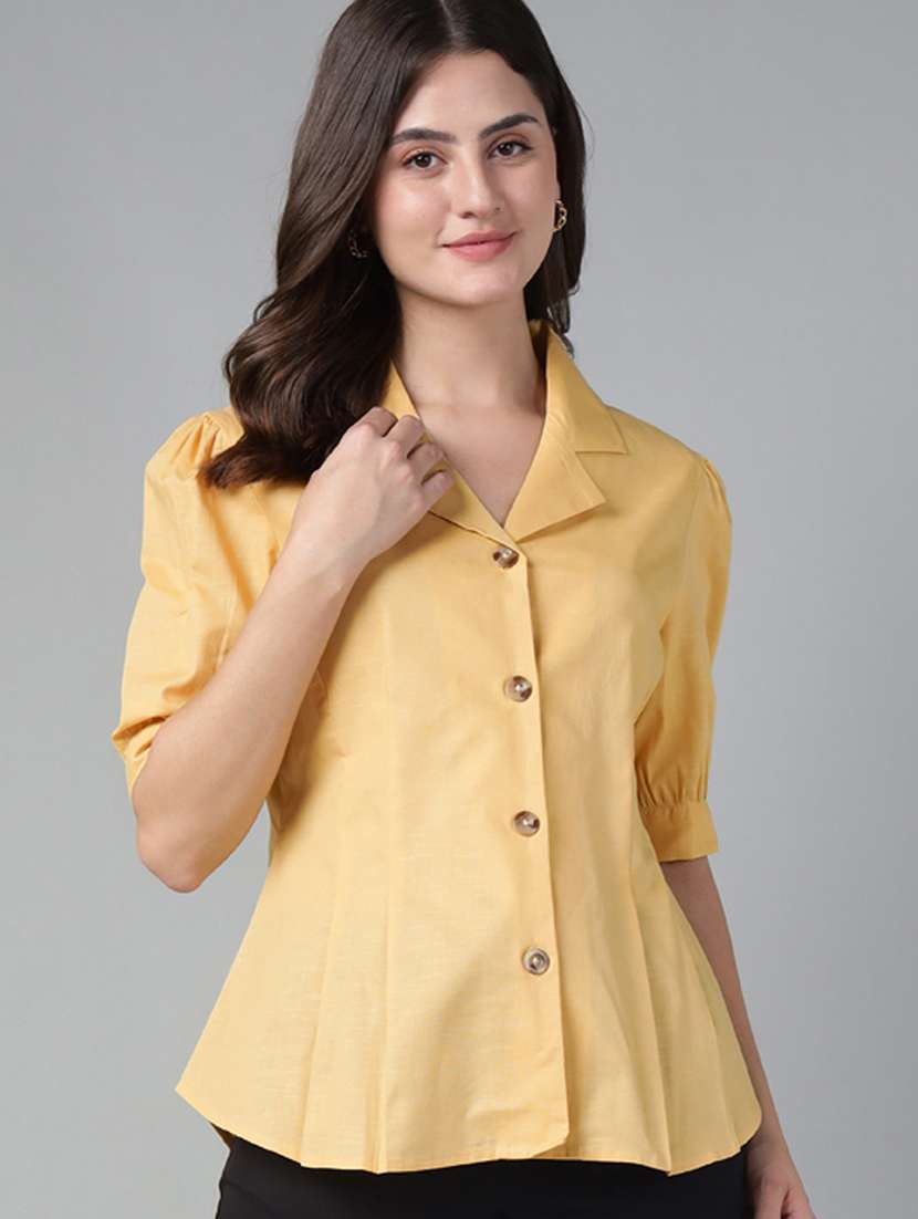 women solid lapel collar short sleeve shirt