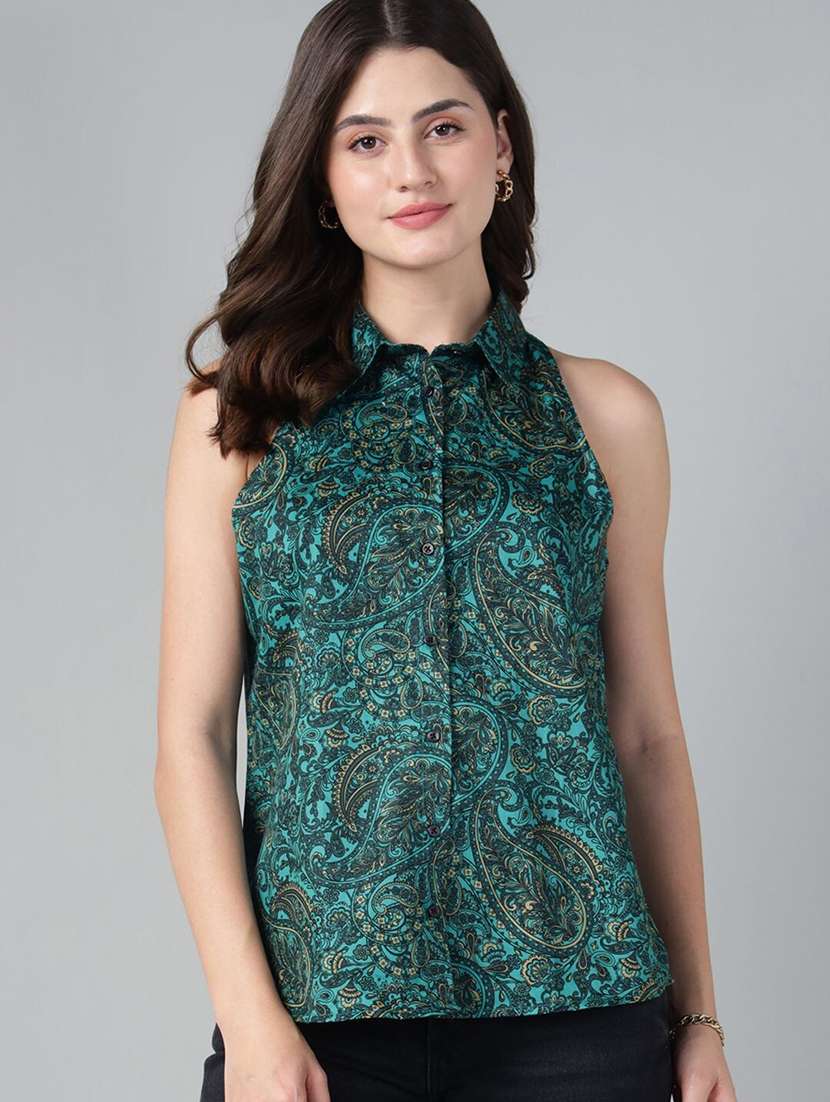 women printed collared sleeveless regular fit shirt