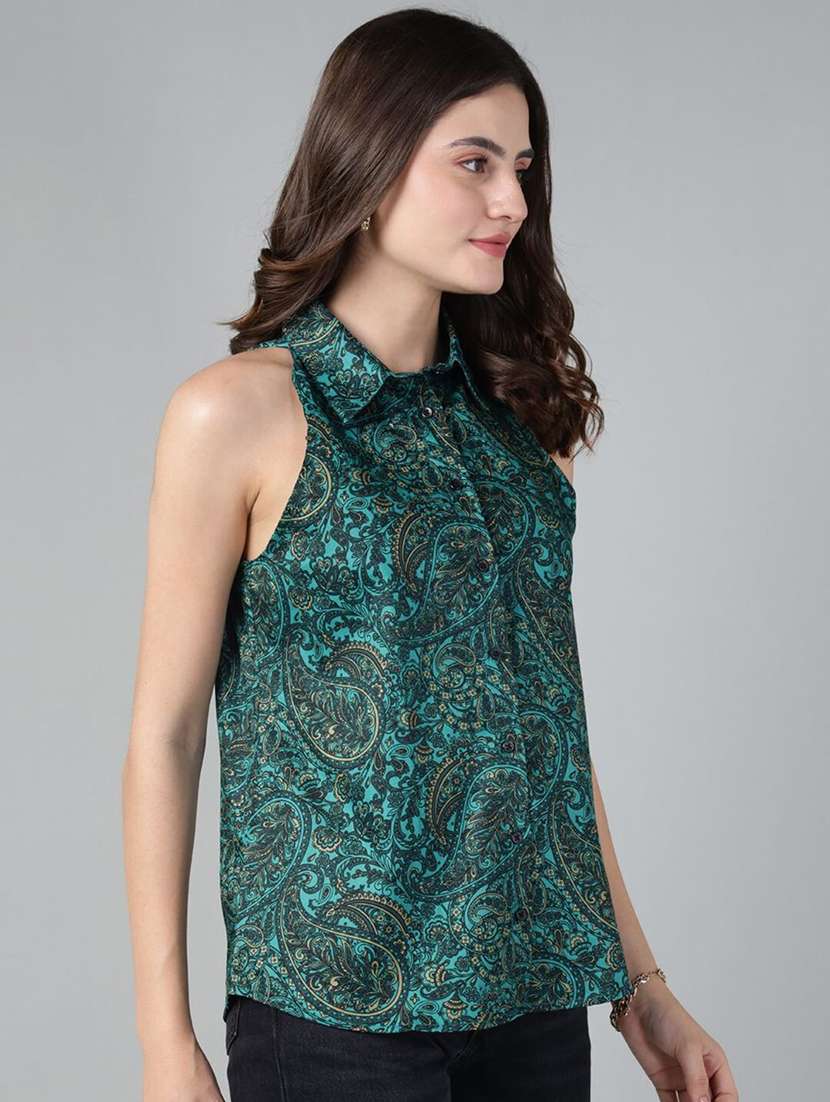 women printed collared sleeveless regular fit shirt - 22038382 - Standard Image - 2
