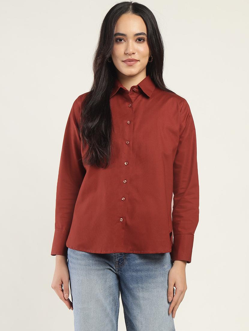 women solid collared long sleeve regular fit shirt - 22038384 - Standard Image - 2
