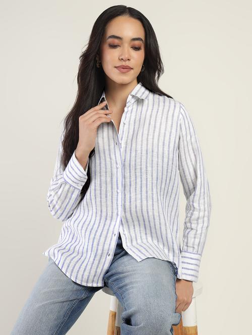 women striped collared long sleeve shirt - 22038385 - Standard Image - 0