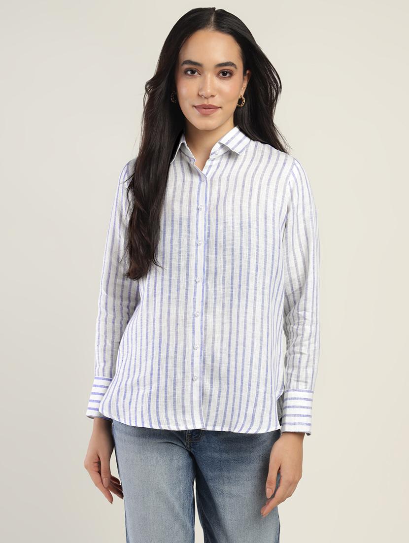 women striped collared long sleeve shirt - 22038385 - Standard Image - 2