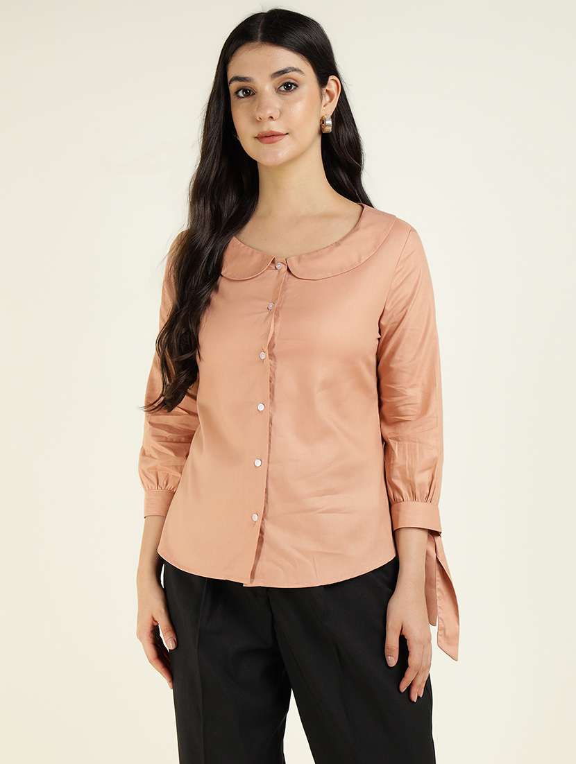 women solid peter pan collar three quarter sleeve shirt