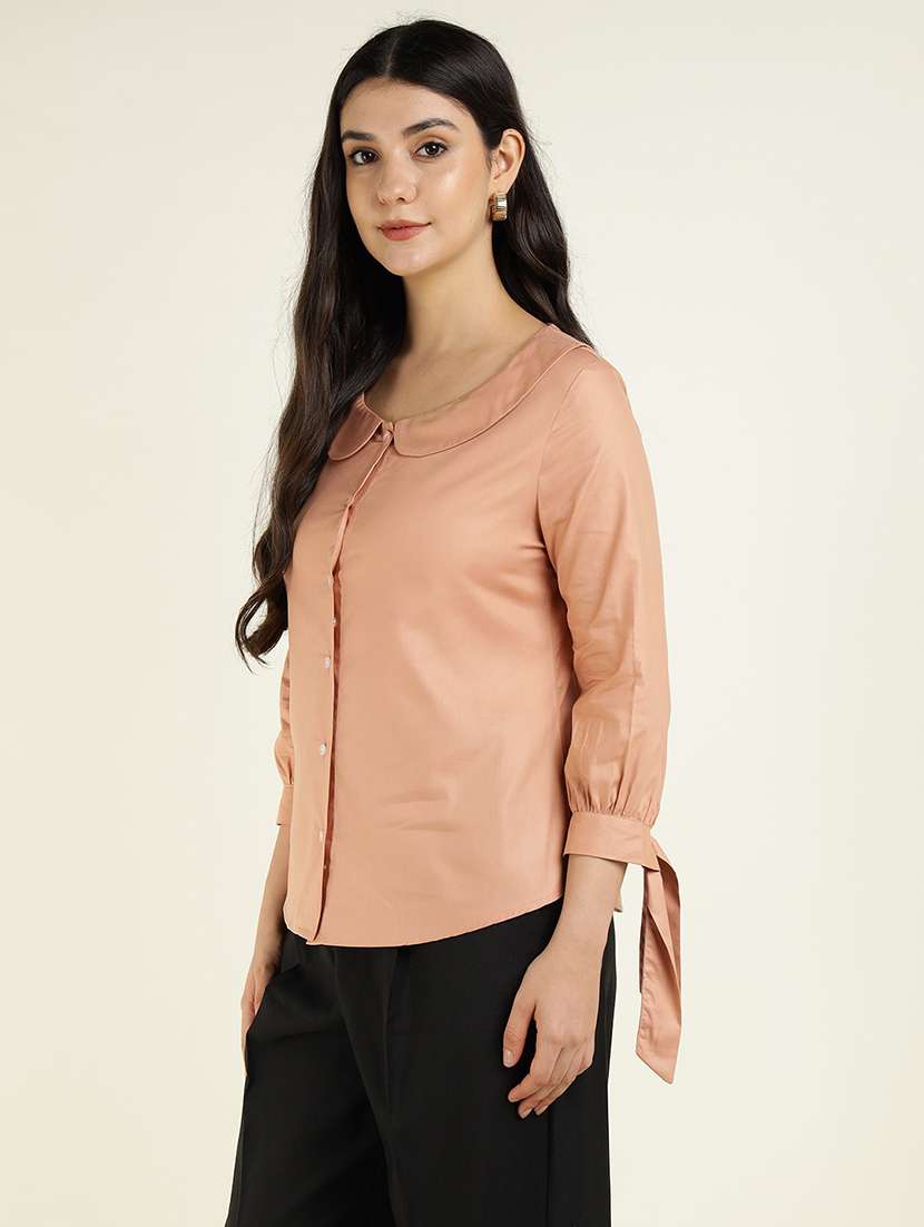 women solid peter pan collar three quarter sleeve shirt - 22038386 -  Standard Image - 2
