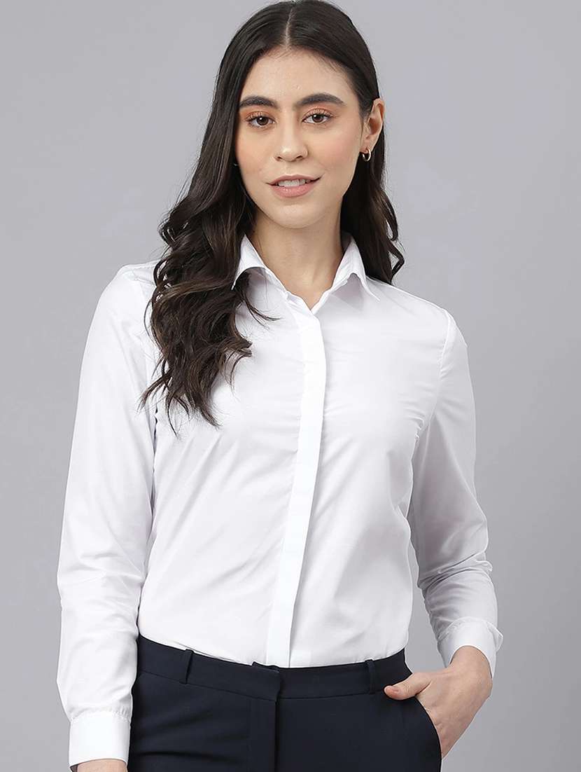 women solid collared long sleeve regular fit shirt