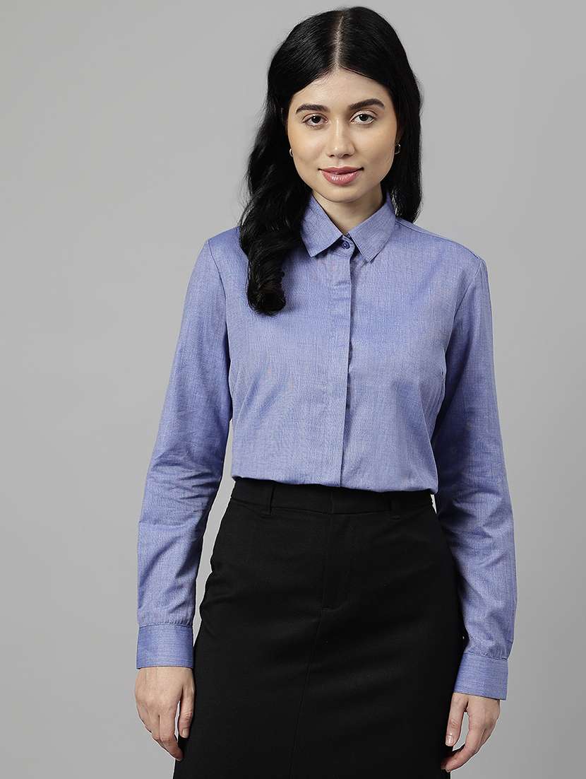 women solid collared long sleeve regular fit shirt