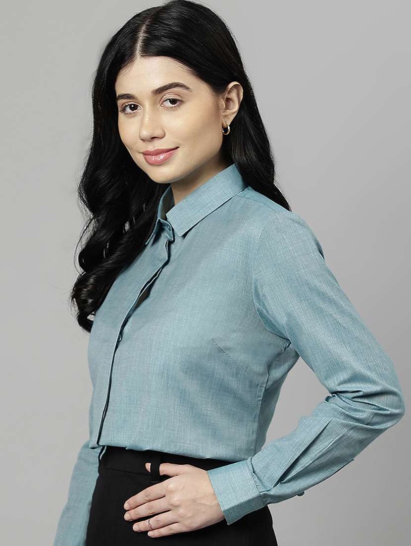 women solid collared long sleeve shirt