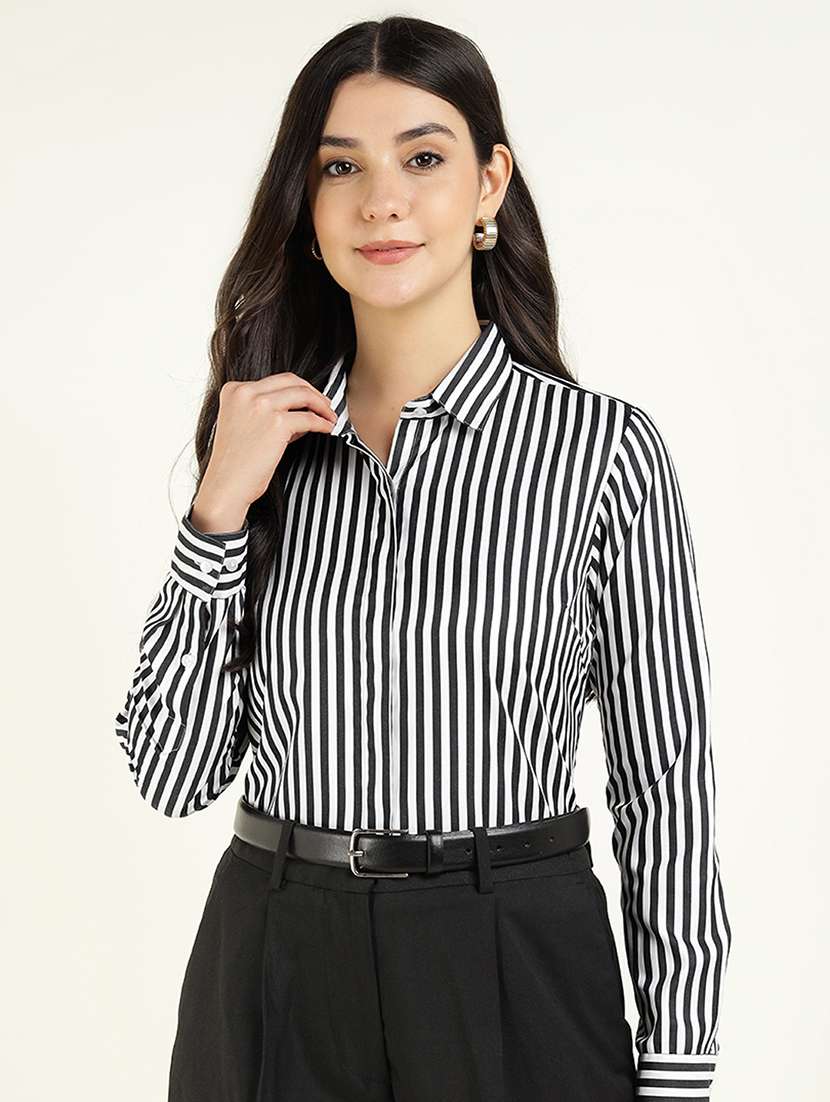women striped collared long sleeve shirt