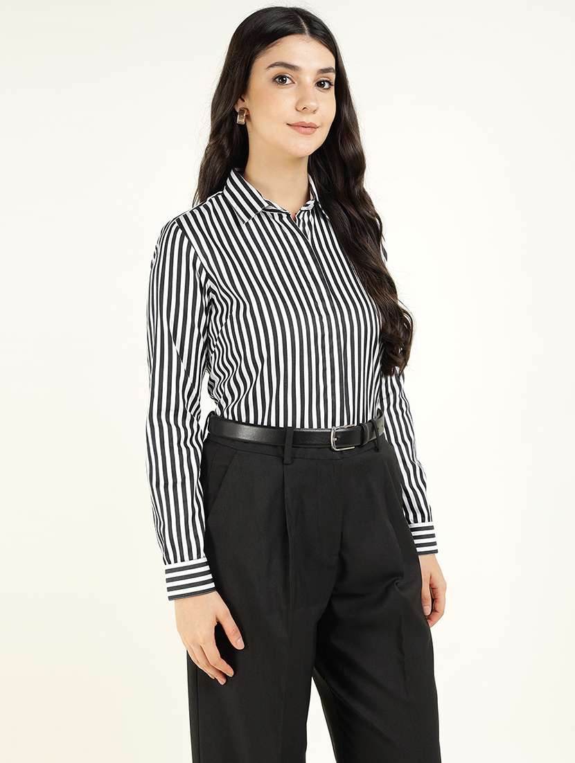 women striped collared long sleeve shirt - 22038430 -  Standard Image - 2