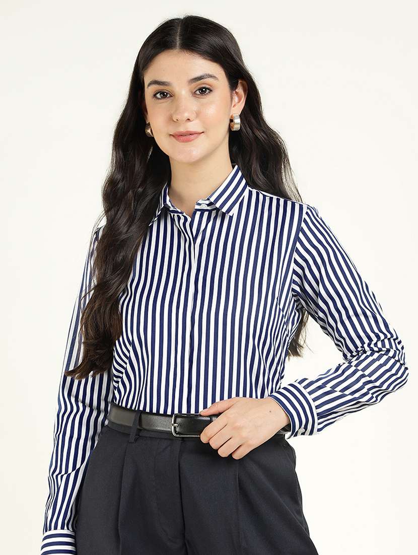 women striped collared long sleeve shirt